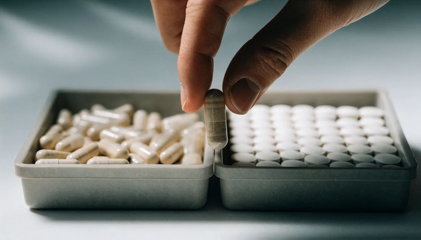 Two trays of unbranded capsules and tablets side by side with a capsule held between fingers