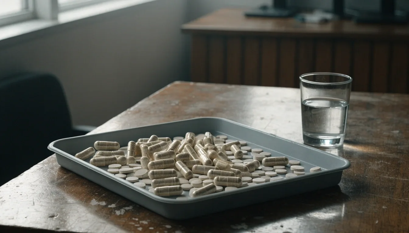 Unbranded capsules and tablets scattered on a matte tray beside a glass of water