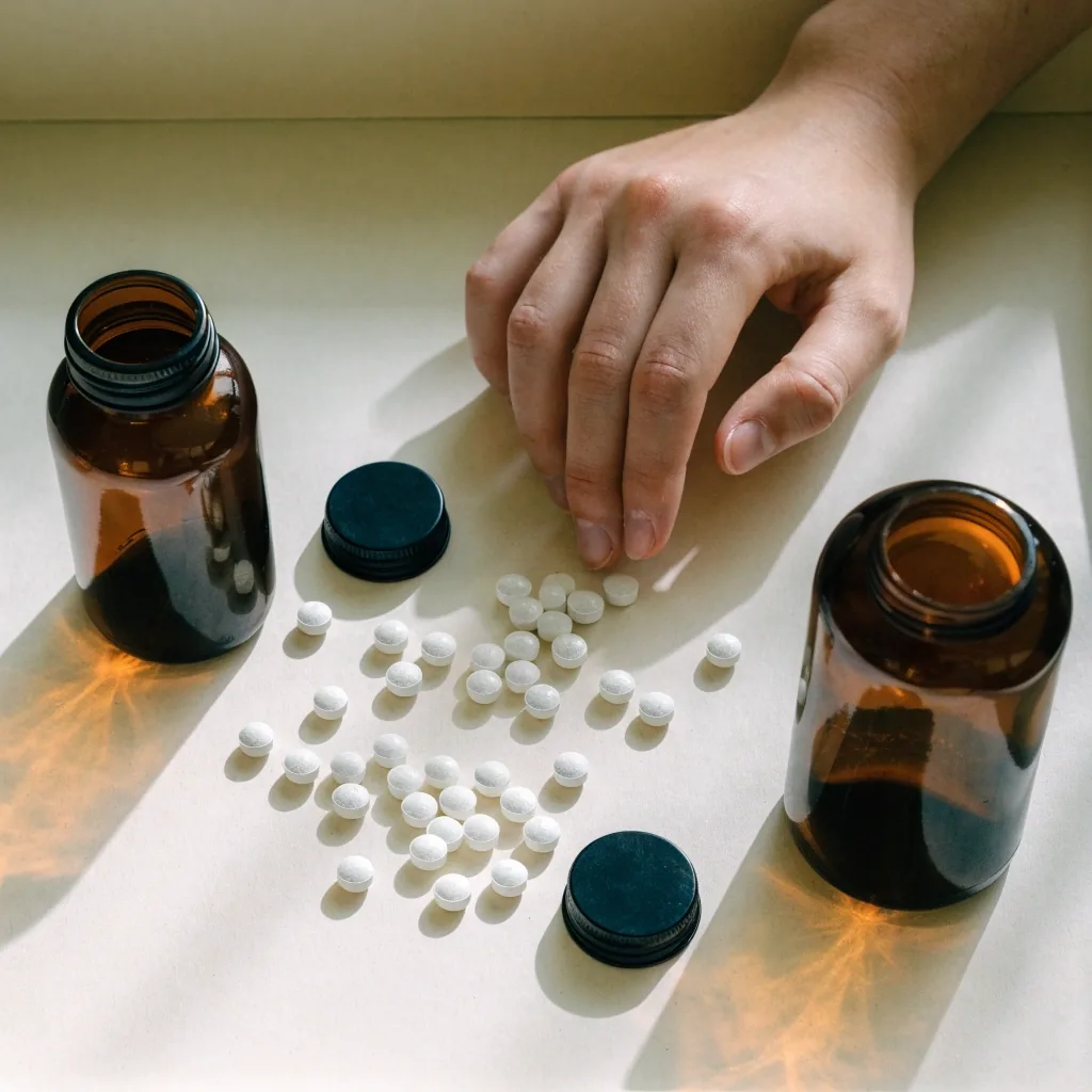 Two plain amber-glass bottles on a paper tray with a few white capsules beside them in diffused daylight
