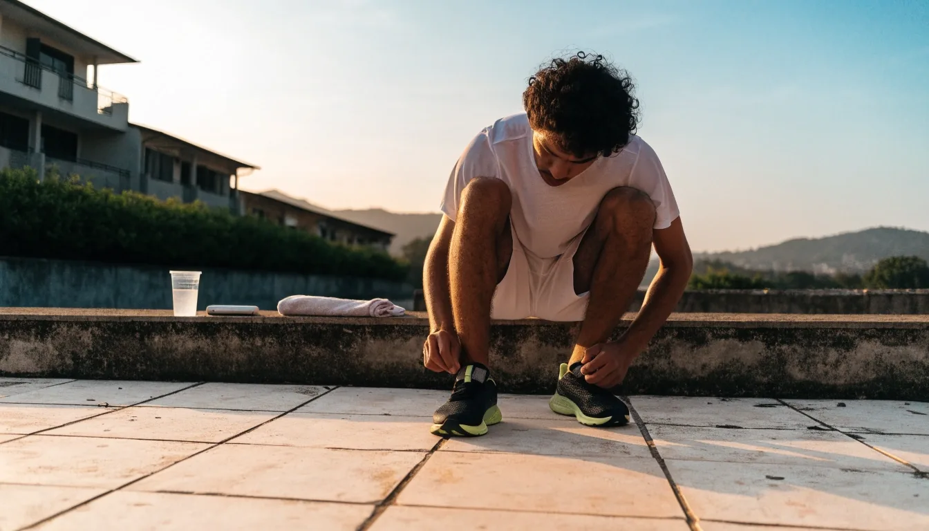 A man lacing a running shoe at first light with a glass of water and a tablet on a ledge beside him