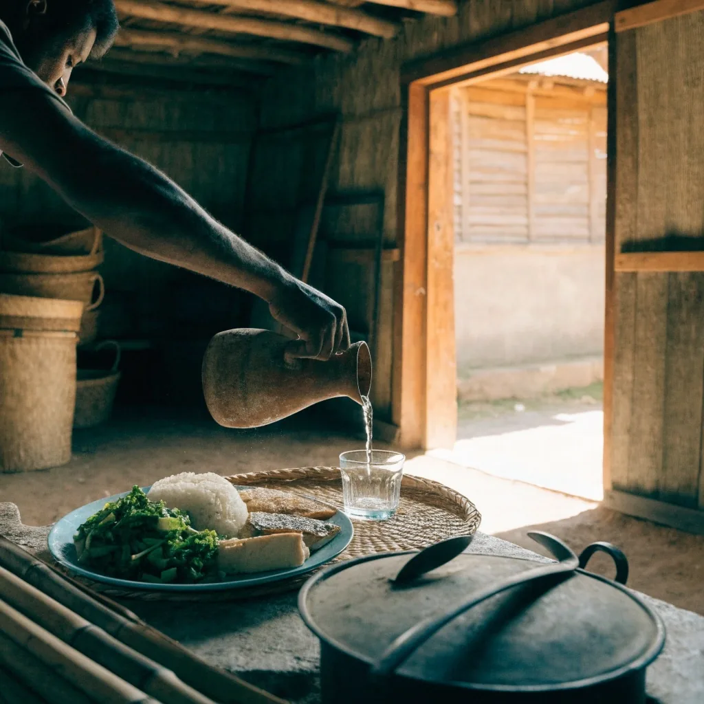 A home dinner plate of rice, grilled fish, tempeh and leafy greens beside a glass of water on a woven mat