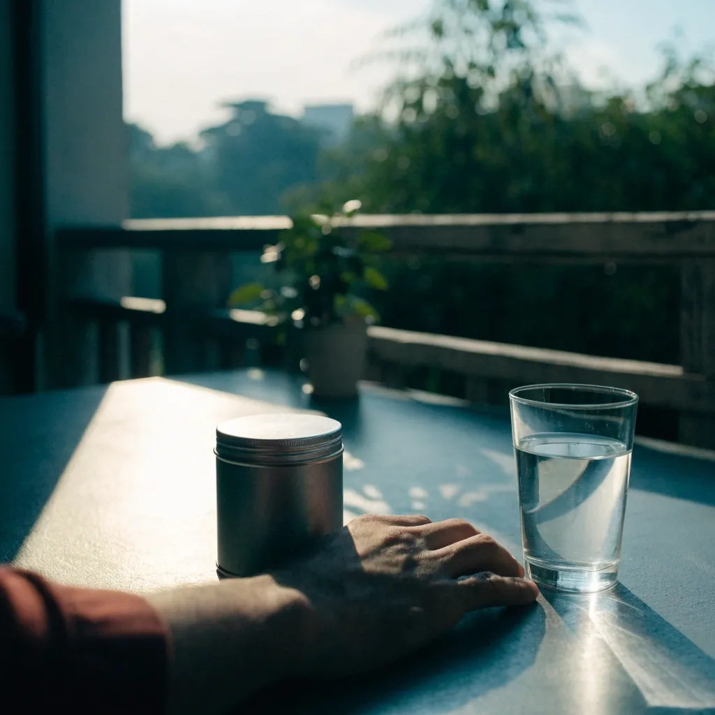 A hand writing a single line on a blank ruled pad beside a cup and a closed supplement tin on a wooden desk