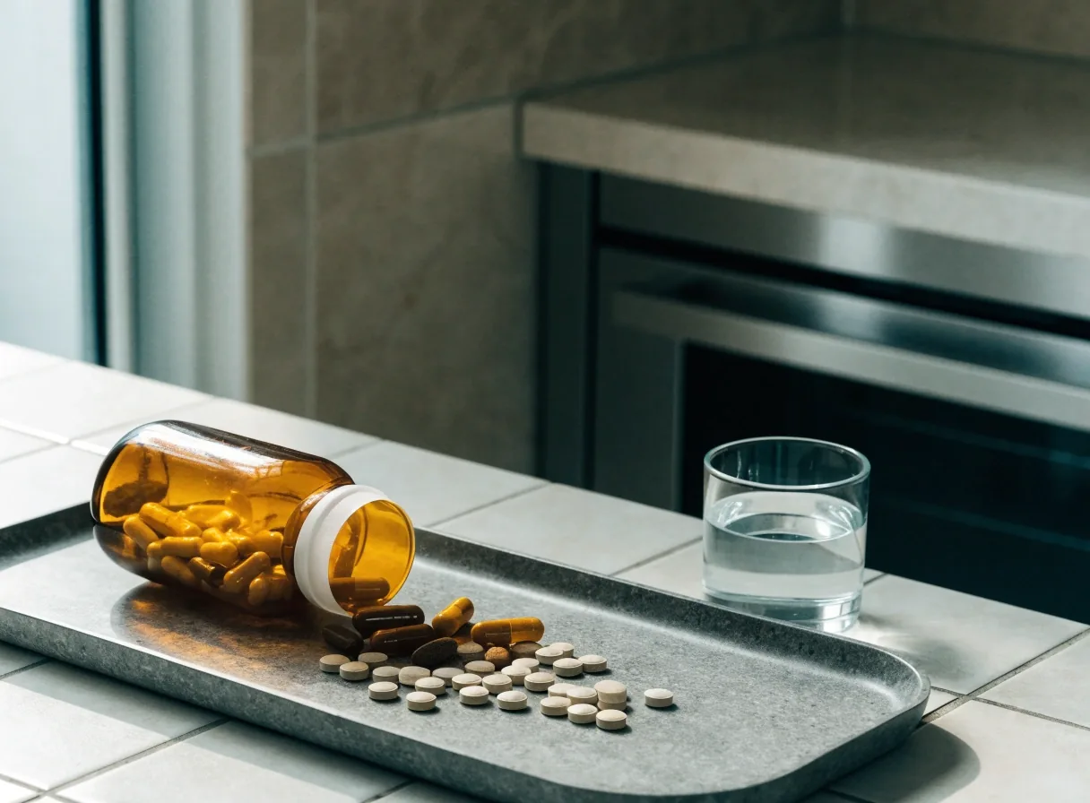 Hard capsules and round tablets spread across a matte sorting tray beside a glass of water