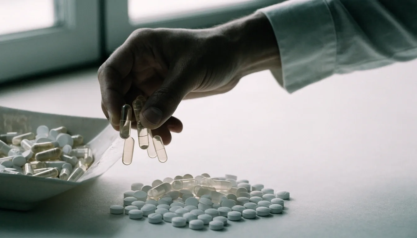 Hard capsules and tablets spilling from a matte tray onto neutral paper under side light