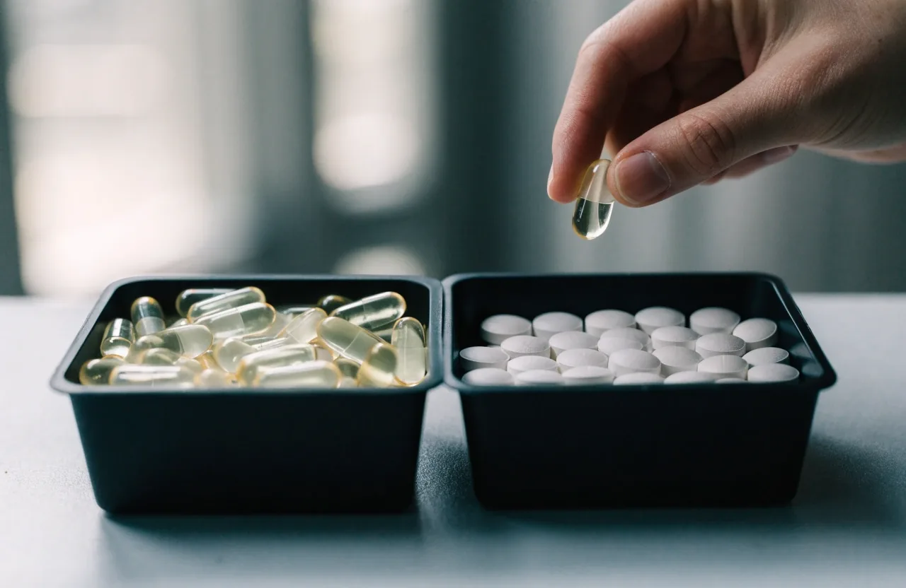 Two trays of capsules and tablets side by side on a work surface with a hand holding one capsule